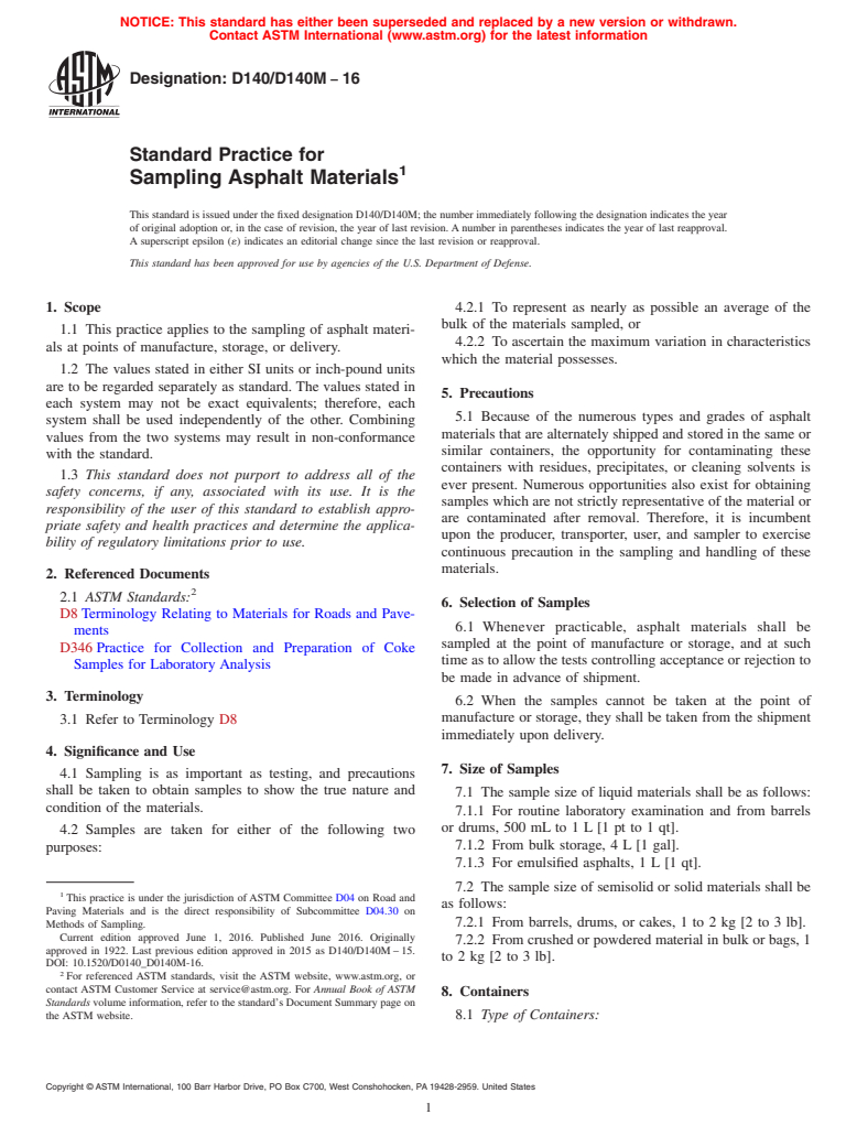ASTM D140/D140M-16 - Standard Practice for Sampling Asphalt Materials