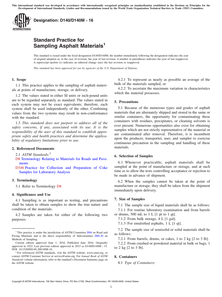 ASTM D140/D140M-16 - Standard Practice for Sampling Asphalt Materials