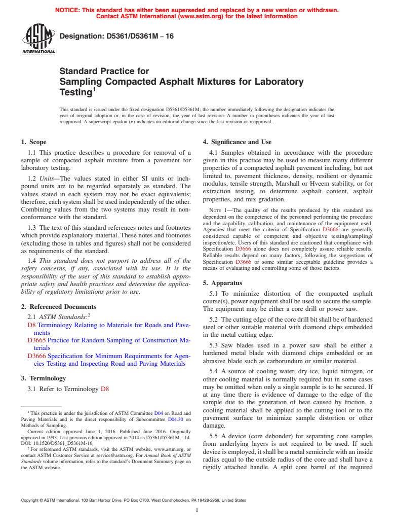 ASTM D5361/D5361M-16 - Standard Practice for  Sampling Compacted Asphalt Mixtures for Laboratory Testing