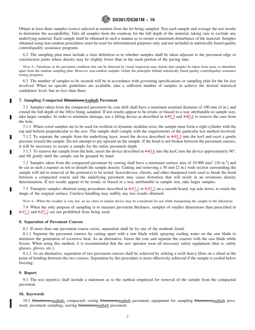 REDLINE ASTM D5361/D5361M-16 - Standard Practice for  Sampling Compacted Asphalt Mixtures for Laboratory Testing