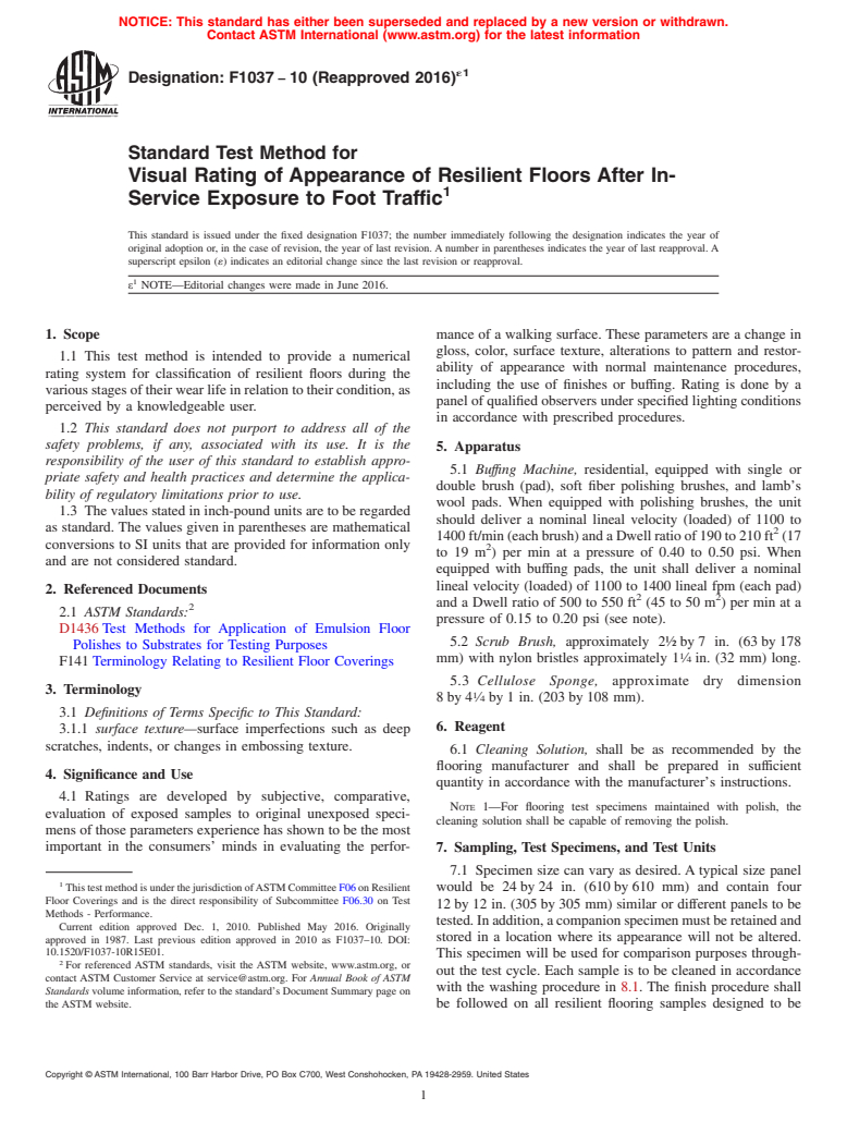 ASTM F1037-10(2016)e1 - Standard Test Method for  Visual Rating of Appearance of Resilient Floors After In-Service  Exposure to Foot Traffic