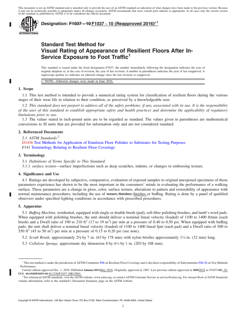 REDLINE ASTM F1037-10(2016)e1 - Standard Test Method for  Visual Rating of Appearance of Resilient Floors After In-Service  Exposure to Foot Traffic