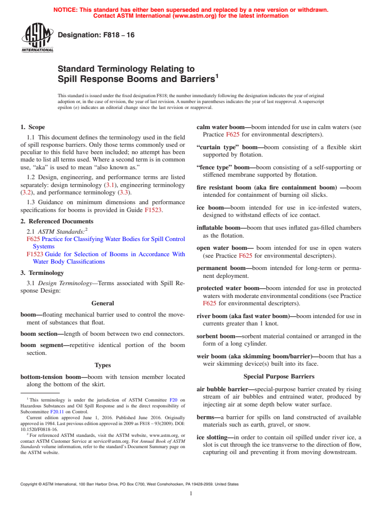 ASTM F818-16 - Standard Terminology Relating to  Spill Response Booms and Barriers