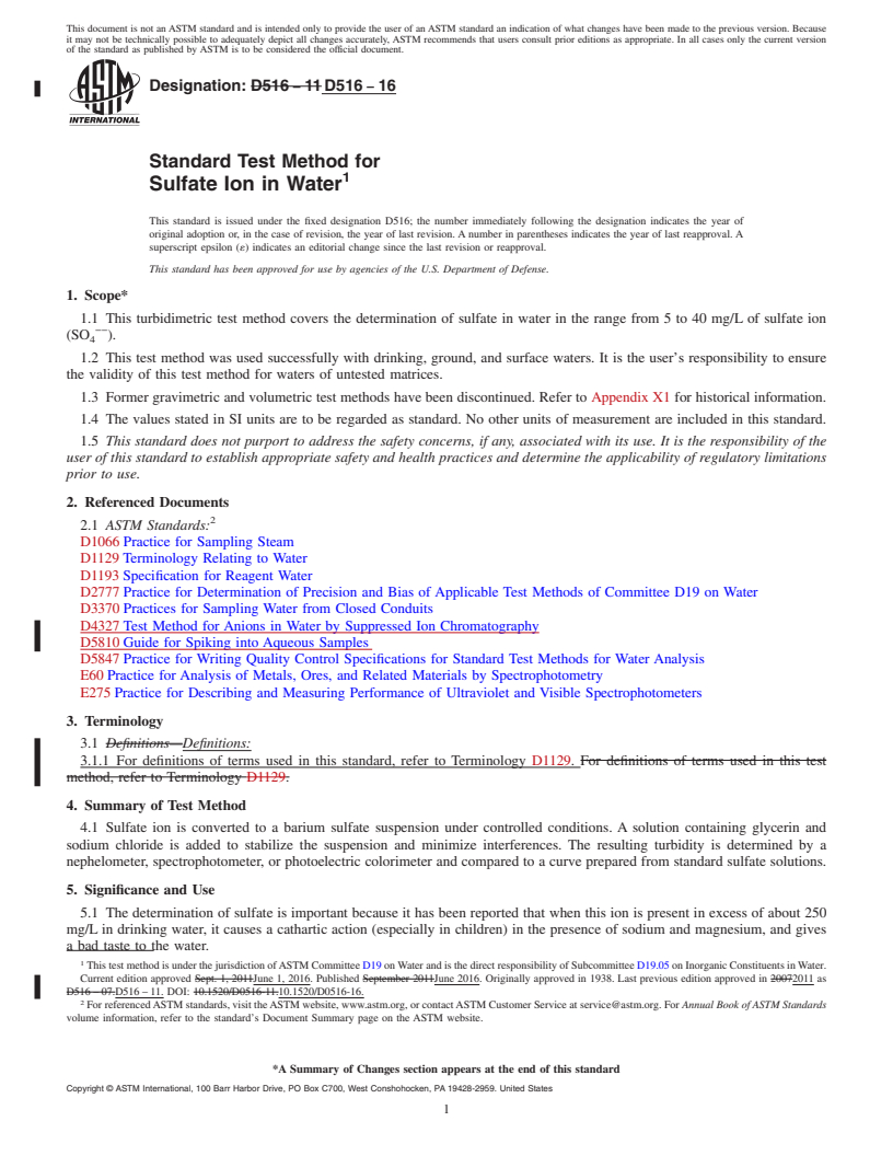 REDLINE ASTM D516-16 - Standard Test Method for  Sulfate Ion in Water