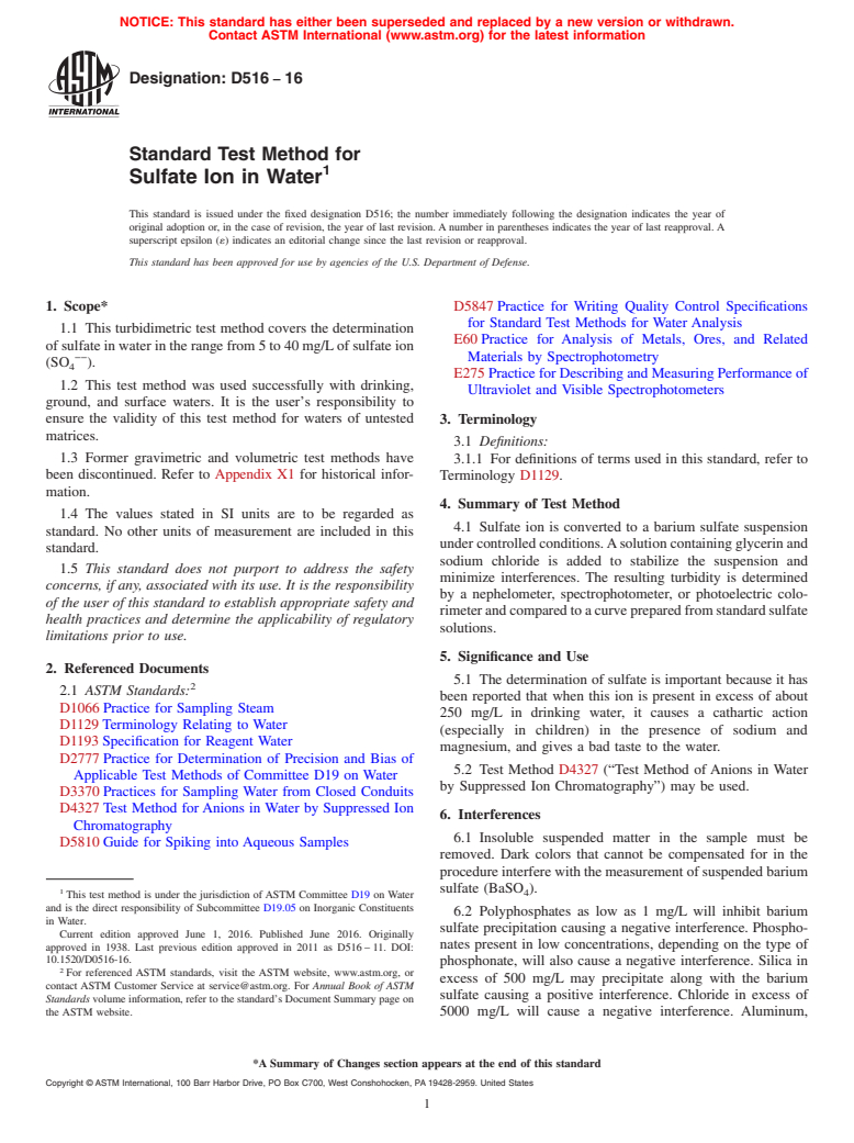 ASTM D516-16 - Standard Test Method for  Sulfate Ion in Water