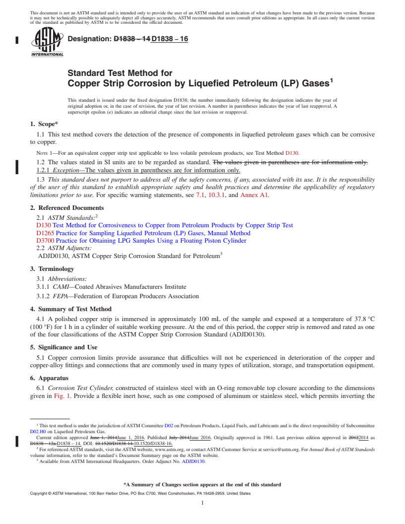 REDLINE ASTM D1838-16 - Standard Test Method for Copper Strip Corrosion by Liquefied Petroleum (LP) Gases