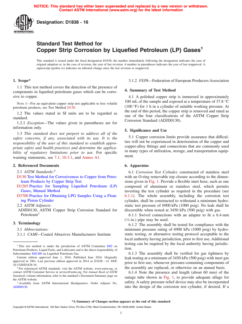 ASTM D1838-16 - Standard Test Method for Copper Strip Corrosion by Liquefied Petroleum (LP) Gases