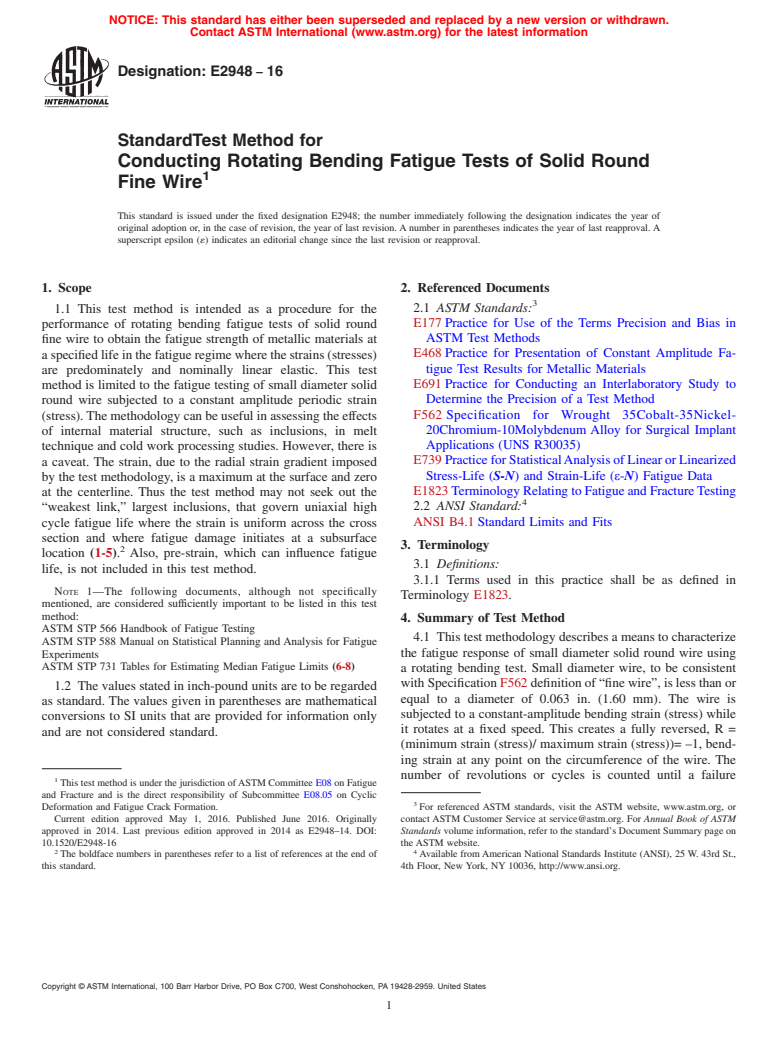 ASTM E2948-16 - Standard Test Method for Conducting Rotating Bending Fatigue Tests of Solid Round Fine Wire