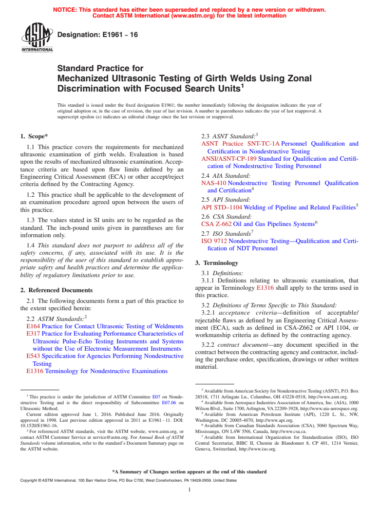 ASTM E1961-16 - Standard Practice for  Mechanized Ultrasonic Testing of Girth Welds Using Zonal Discrimination  with Focused Search Units