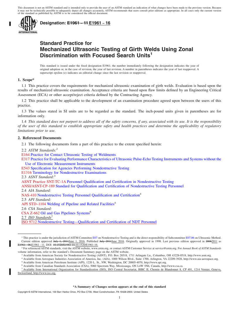 REDLINE ASTM E1961-16 - Standard Practice for  Mechanized Ultrasonic Testing of Girth Welds Using Zonal Discrimination  with Focused Search Units