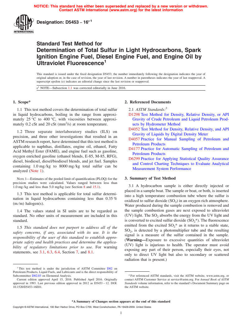 ASTM D5453-16e1 - Standard Test Method for Determination of Total Sulfur in Light Hydrocarbons, Spark  Ignition Engine Fuel, Diesel Engine Fuel, and Engine Oil by Ultraviolet  Fluorescence