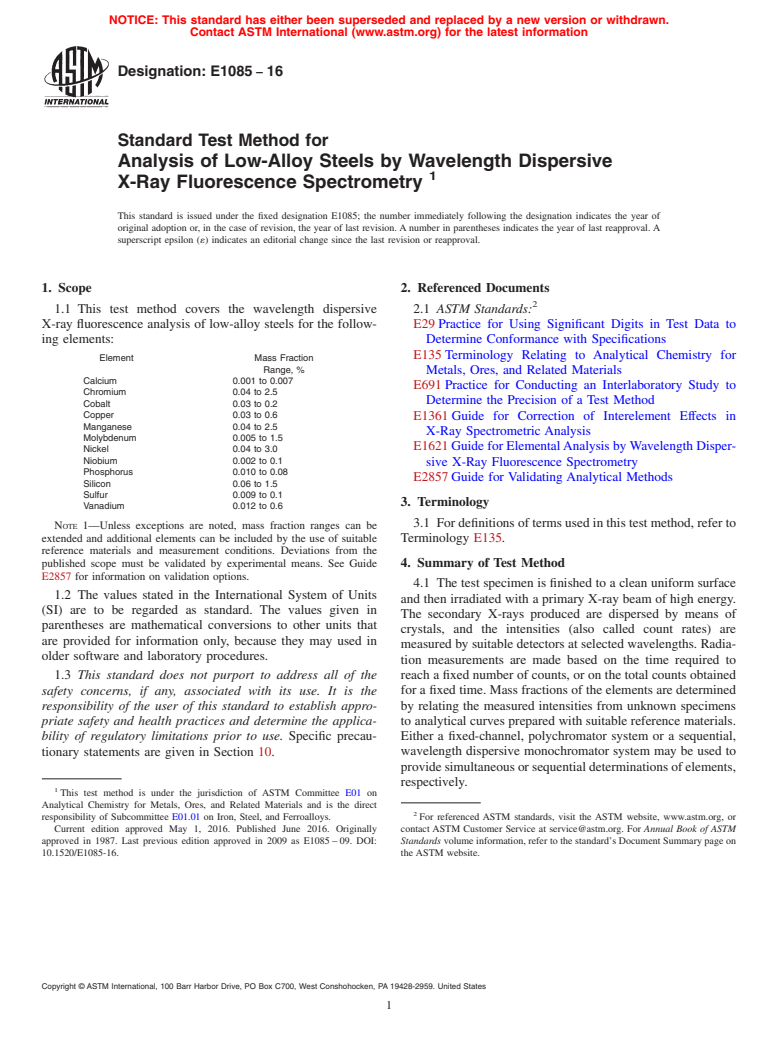 ASTM E1085-16 - Standard Test Method for  Analysis of Low-Alloy Steels by Wavelength Dispersive X-Ray  Fluorescence Spectrometry