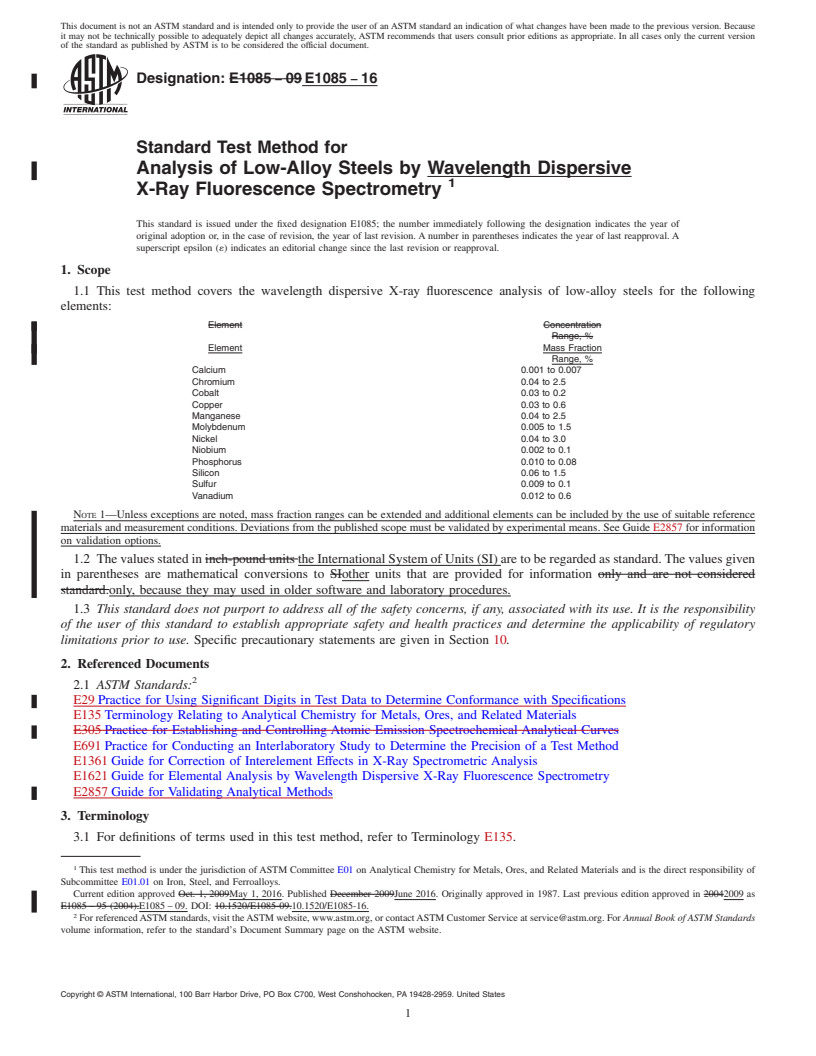 REDLINE ASTM E1085-16 - Standard Test Method for  Analysis of Low-Alloy Steels by Wavelength Dispersive X-Ray  Fluorescence Spectrometry