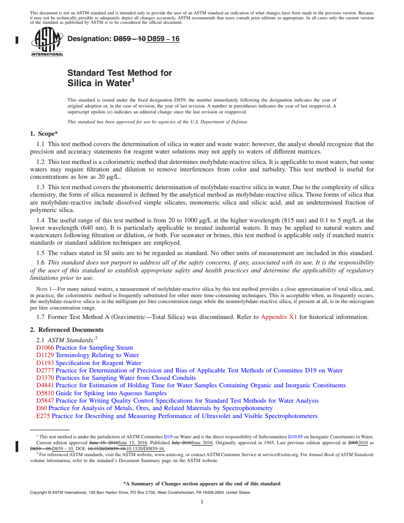 REDLINE ASTM D859-16 - Standard Test Method for  Silica in Water