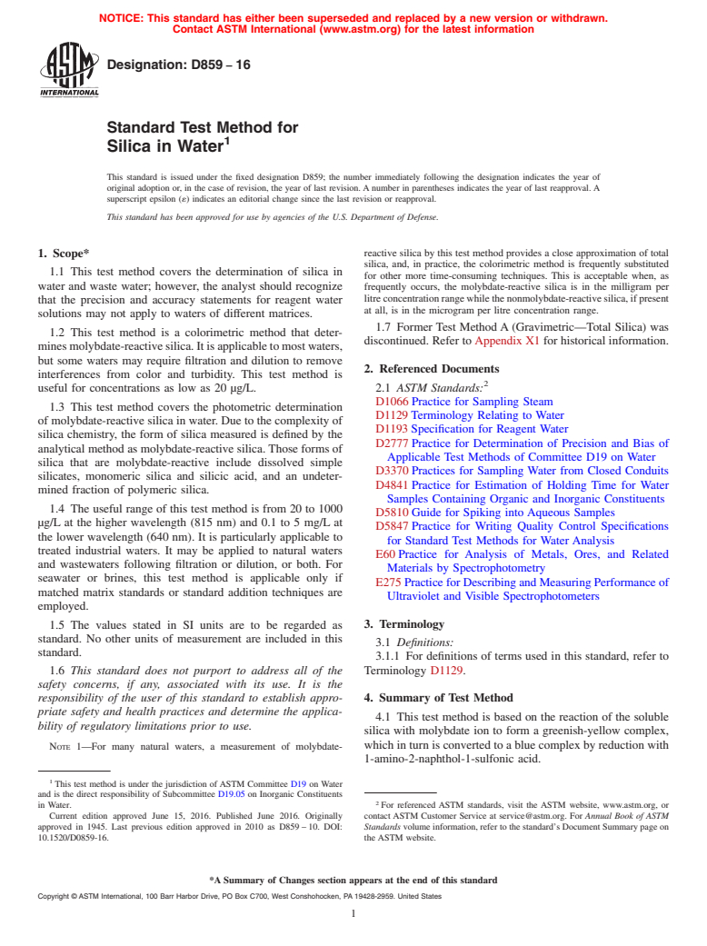 ASTM D859-16 - Standard Test Method for  Silica in Water