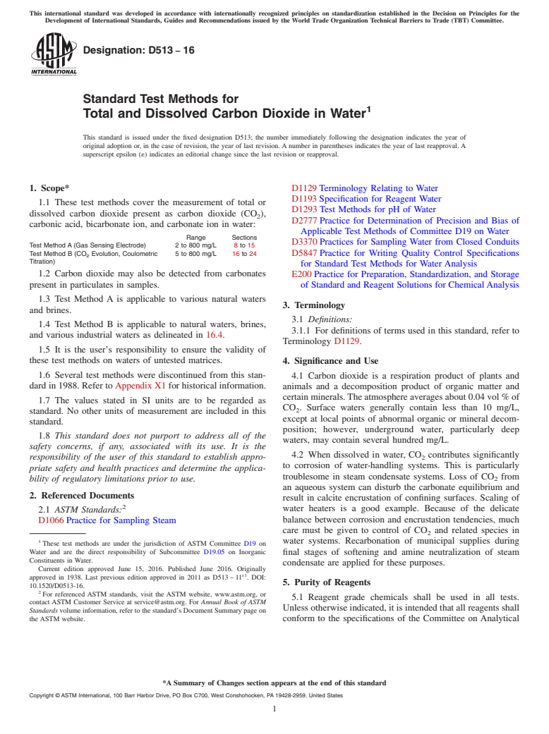 ASTM D513-16 - Standard Test Methods for  Total and Dissolved Carbon Dioxide in Water