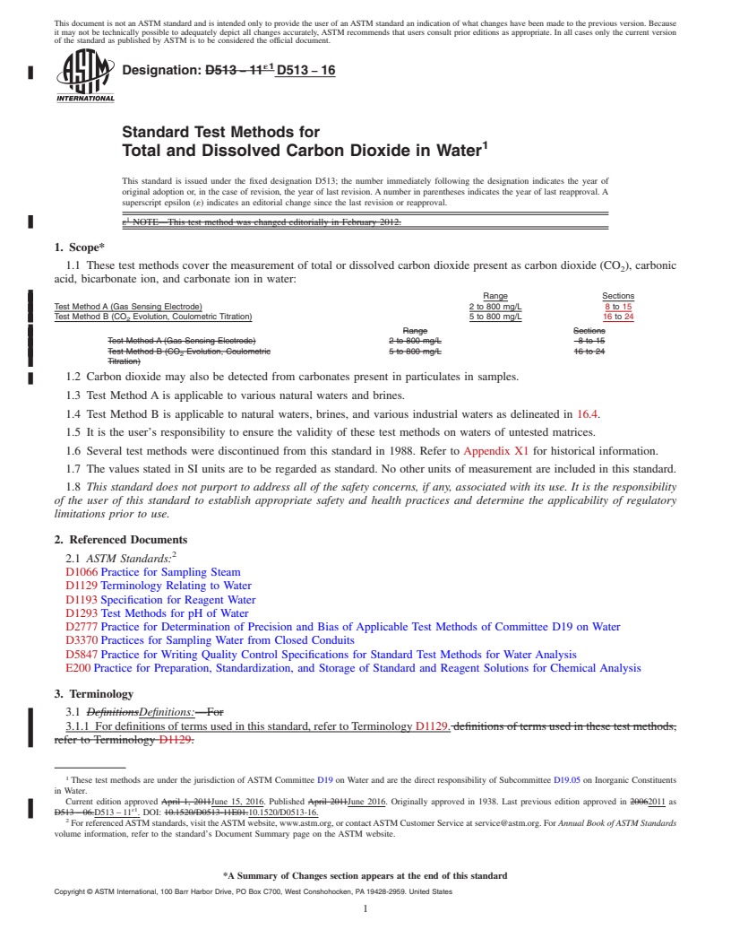REDLINE ASTM D513-16 - Standard Test Methods for  Total and Dissolved Carbon Dioxide in Water