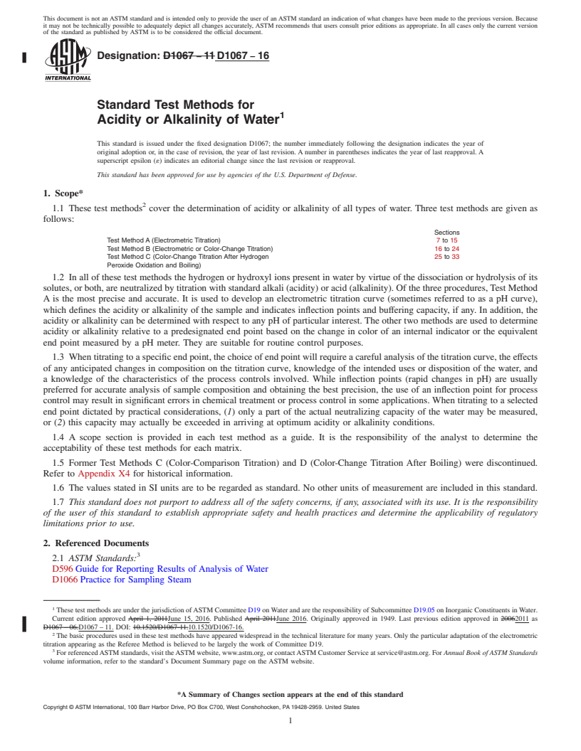 REDLINE ASTM D1067-16 - Standard Test Methods for  Acidity or Alkalinity of Water