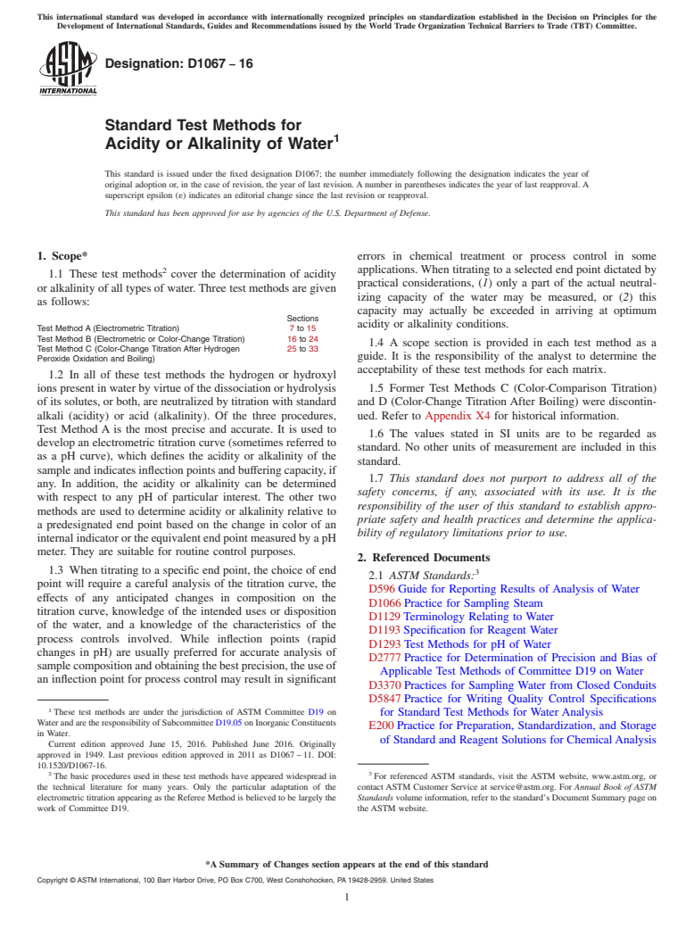 ASTM D1067-16 - Standard Test Methods for  Acidity or Alkalinity of Water
