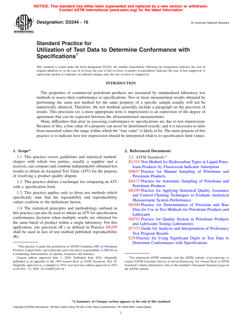 ASTM D3244-16 - Standard Practice for Utilization of Test Data to Determine Conformance with Specifications