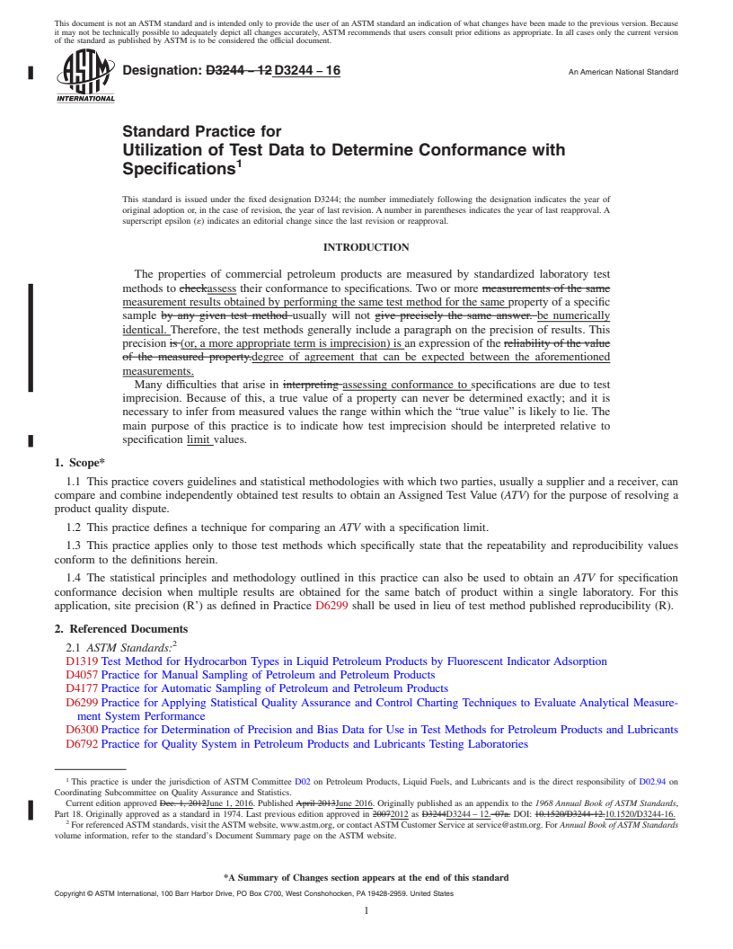 REDLINE ASTM D3244-16 - Standard Practice for Utilization of Test Data to Determine Conformance with Specifications