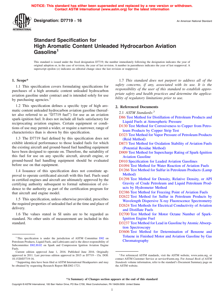 ASTM D7719-16 - Standard Specification for  High Aromatic Content Unleaded Hydrocarbon Aviation Gasoline