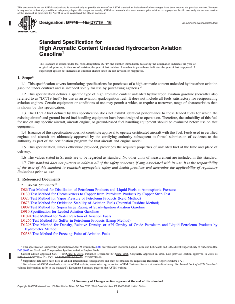 REDLINE ASTM D7719-16 - Standard Specification for  High Aromatic Content Unleaded Hydrocarbon Aviation Gasoline