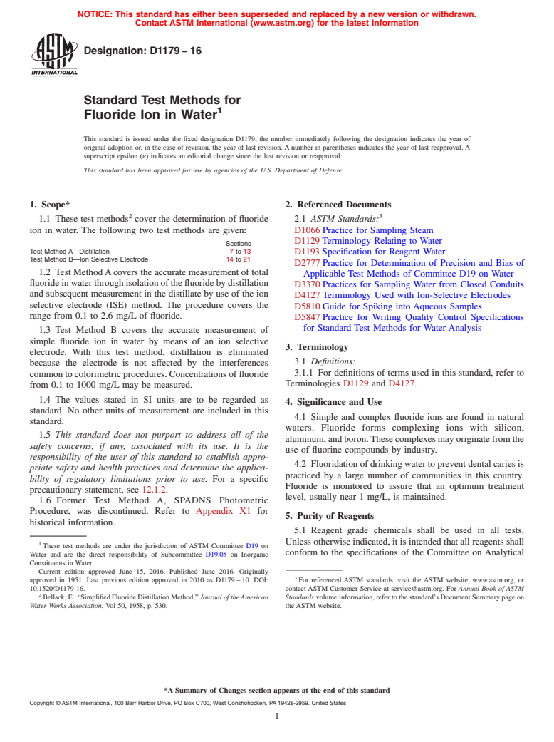 ASTM D1179-16 - Standard Test Methods for  Fluoride Ion in Water