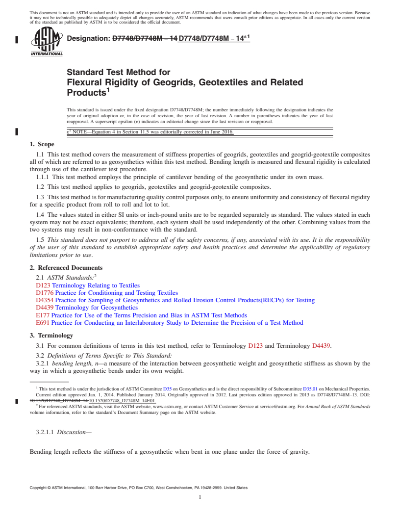 REDLINE ASTM D7748/D7748M-14e1 - Standard Test Method for  Flexural Rigidity of Geogrids, Geotextiles and Related Products