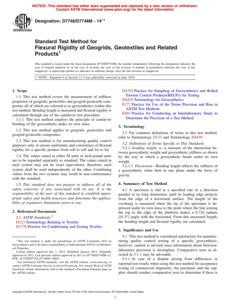 ASTM D7748/D7748M-14e1 - Standard Test Method for  Flexural Rigidity of Geogrids, Geotextiles and Related Products