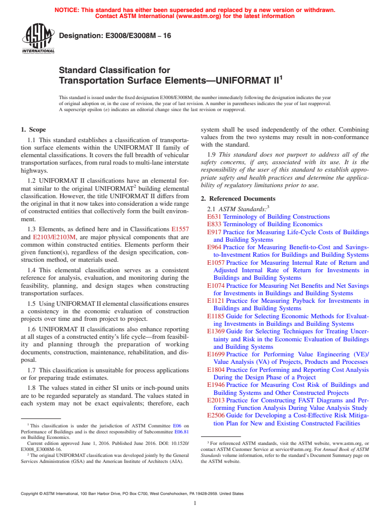 ASTM E3008/E3008M-16 - Standard Classification for Transportation Surface Elements&#x2014;UNIFORMAT II