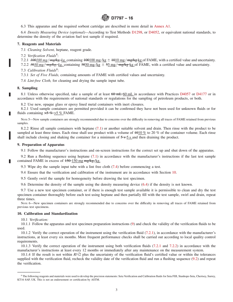 REDLINE ASTM D7797-16 - Standard Test Method for Determination of the Fatty Acid Methyl Esters Content of Aviation  Turbine Fuel Using Flow Analysis by Fourier Transform Infrared Spectroscopy&#x2014;Rapid  Screening Method