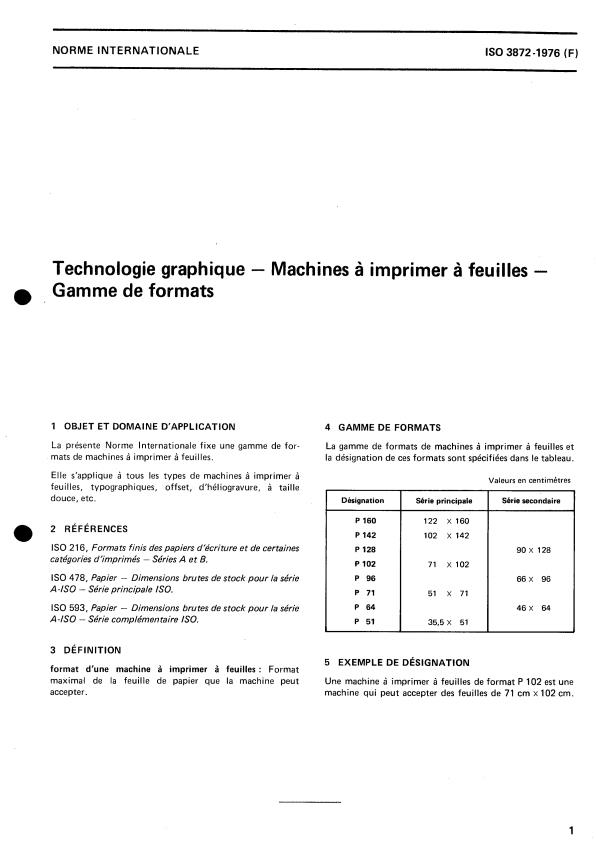 ISO 3872:1976 - Technologie graphique -- Machines a imprimer a feuilles -- Gamme de formats