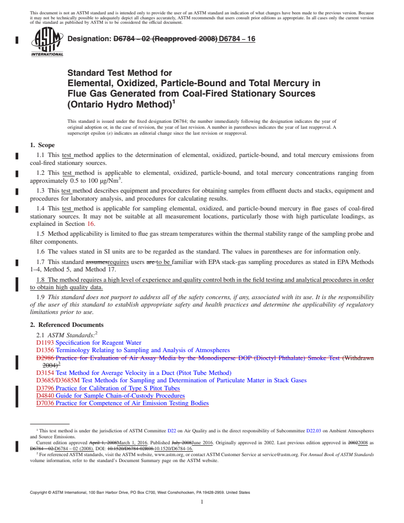 REDLINE ASTM D6784-16 - Standard Test Method for  Elemental, Oxidized, Particle-Bound and Total Mercury in Flue  Gas Generated from Coal-Fired Stationary Sources (Ontario Hydro Method)