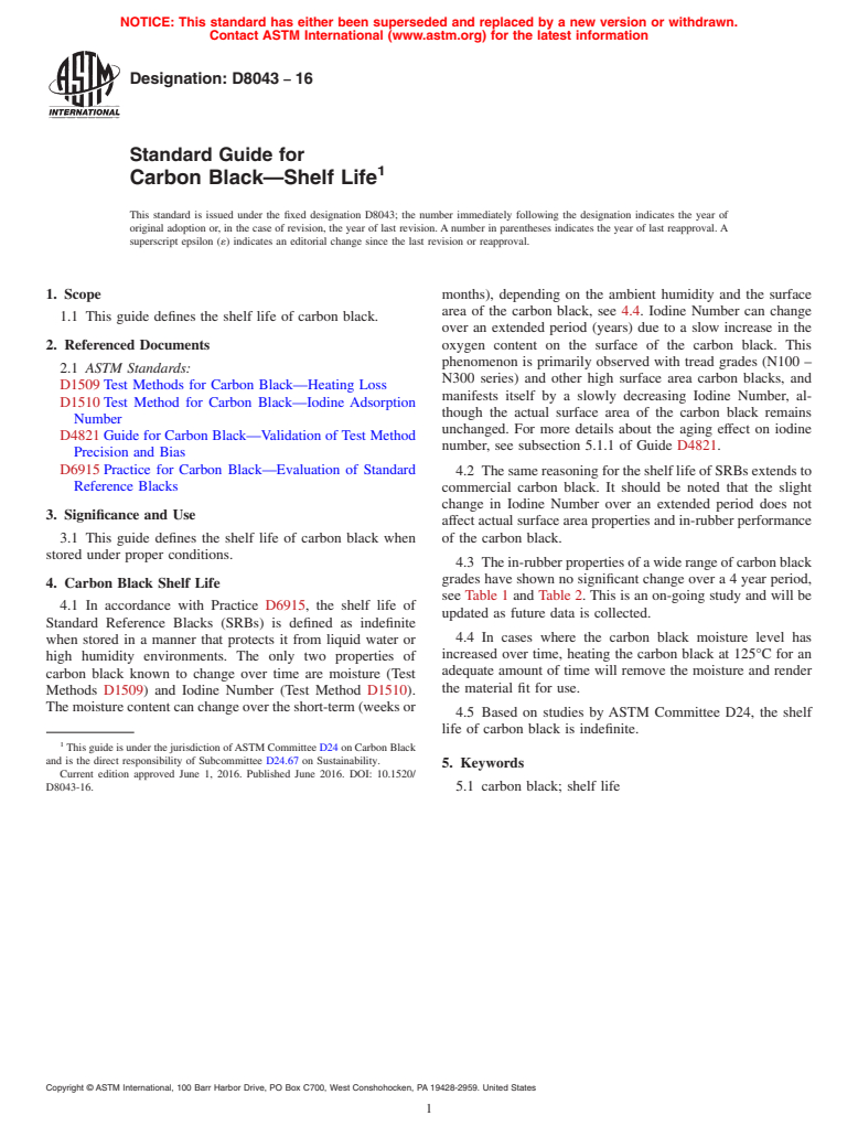 ASTM D8043-16 - Standard Guide for Carbon Black&#x2014;Shelf Life