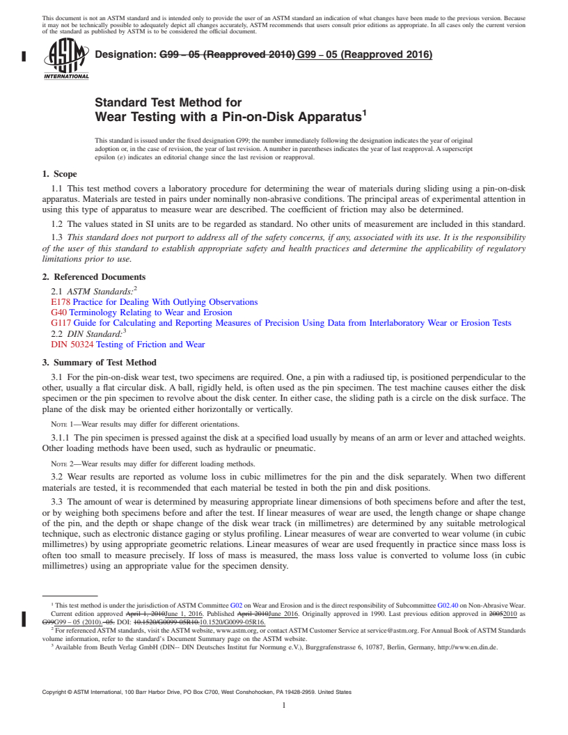 REDLINE ASTM G99-05(2016) - Standard Test Method for  Wear Testing with a Pin-on-Disk Apparatus