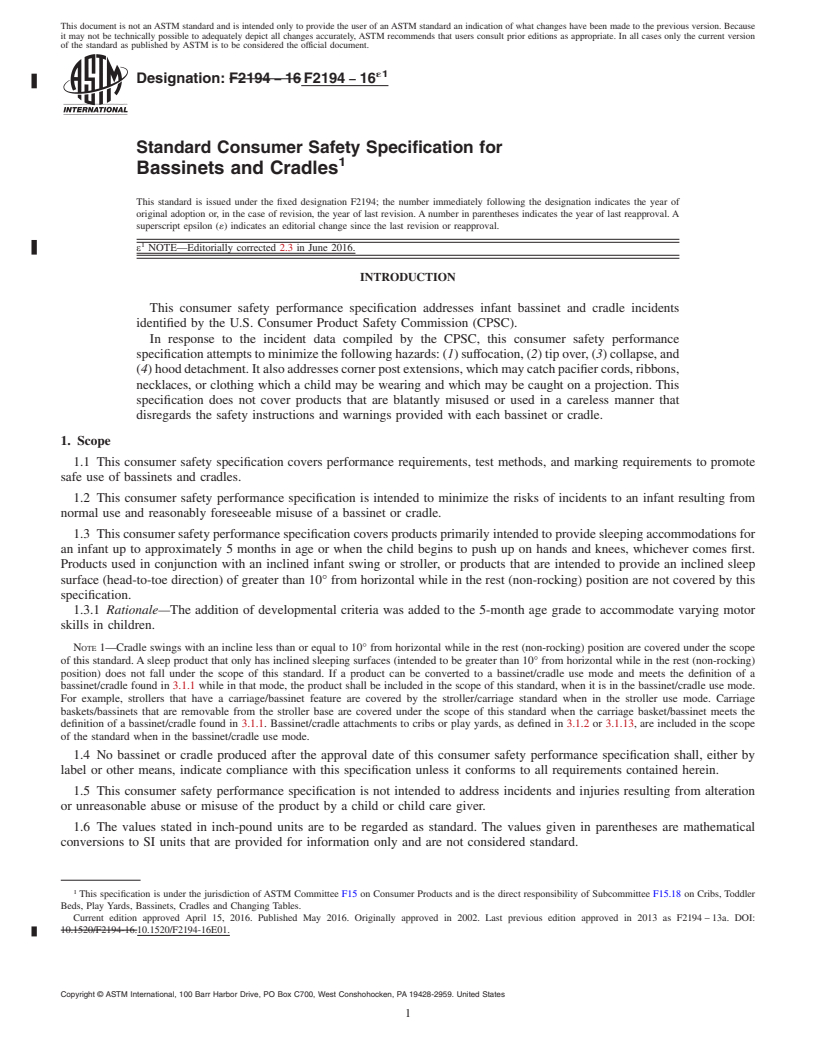 REDLINE ASTM F2194-16e1 - Standard Consumer Safety Specification for Bassinets and Cradles