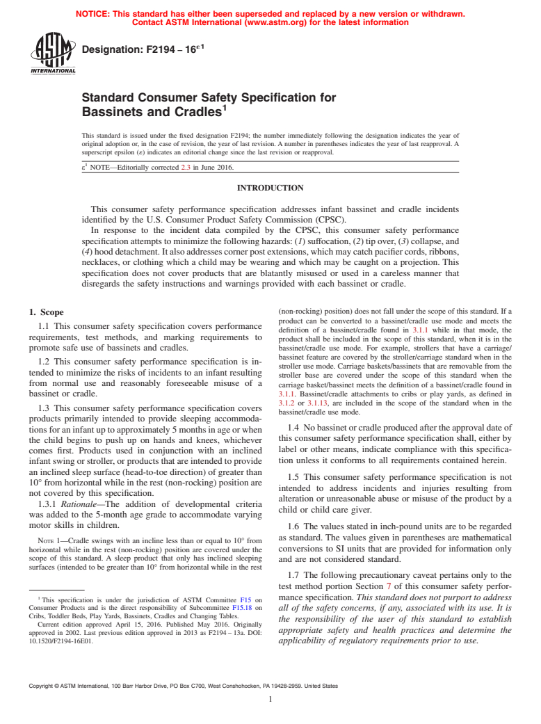 ASTM F2194-16e1 - Standard Consumer Safety Specification for Bassinets and Cradles