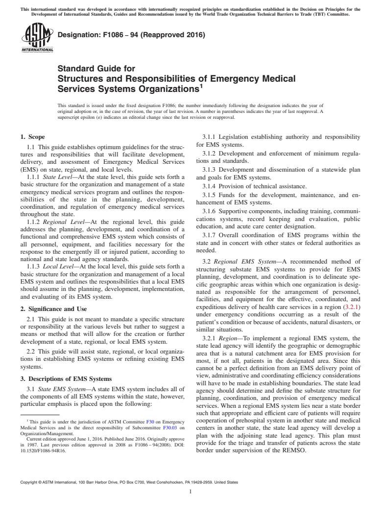 ASTM F1086-94(2016) - Standard Guide for  Structures and Responsibilities of Emergency Medical Services  Systems Organizations