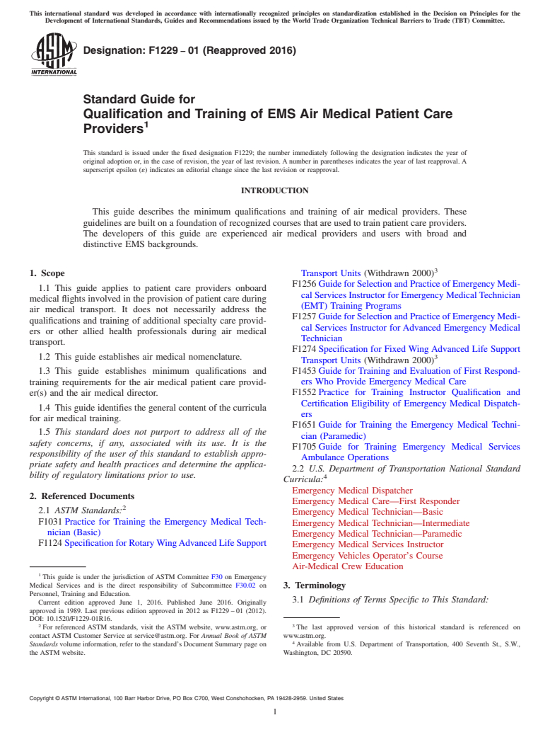 ASTM F1229-01(2016) - Standard Guide for  Qualification and Training of EMS Air Medical Patient Care  Providers