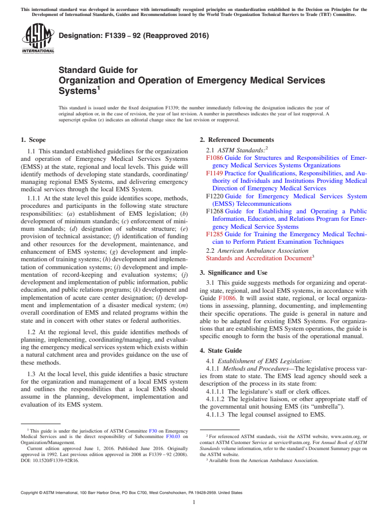 ASTM F1339-92(2016) - Standard Guide for  Organization and Operation of Emergency Medical Services Systems