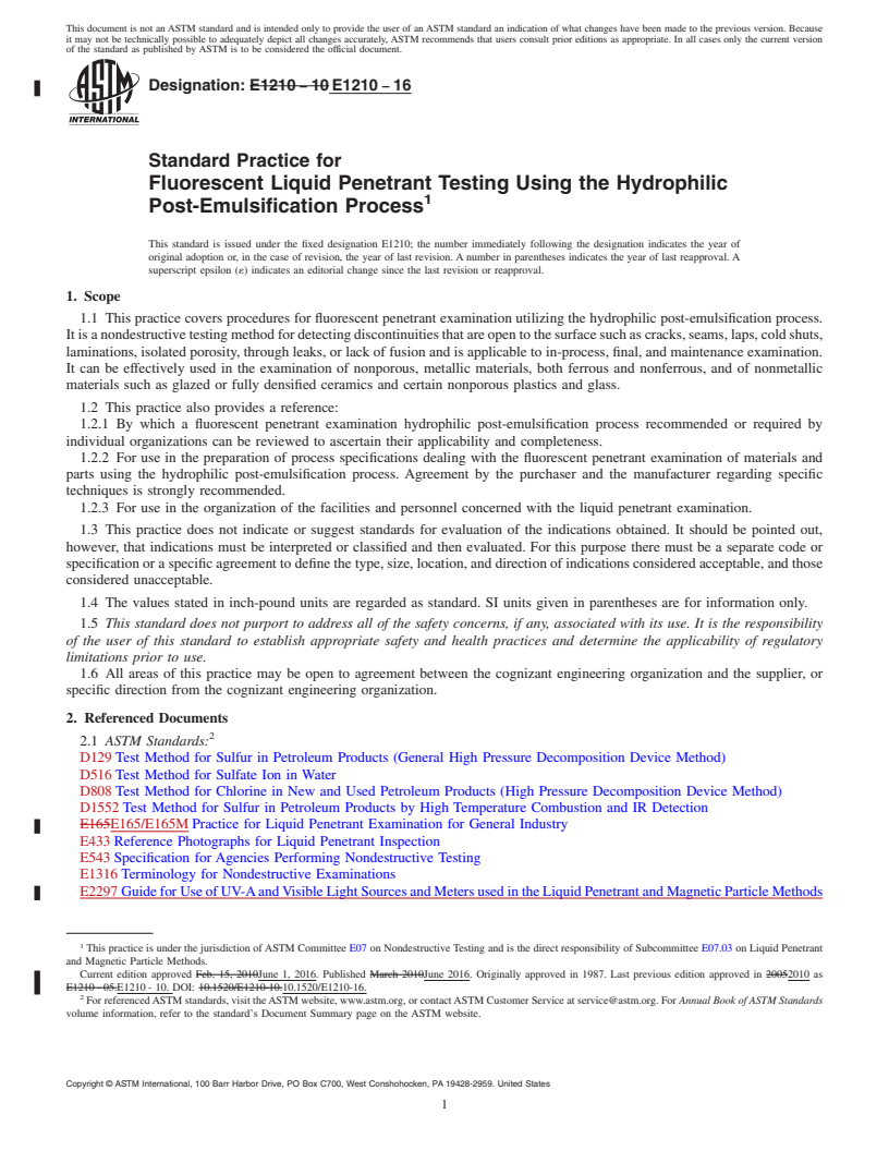 REDLINE ASTM E1210-16 - Standard Practice for  Fluorescent Liquid Penetrant Testing Using the Hydrophilic  Post-Emulsification Process