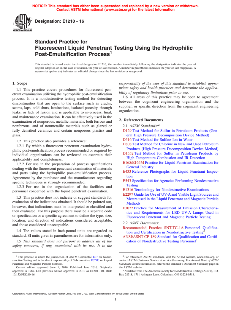 ASTM E1210-16 - Standard Practice for  Fluorescent Liquid Penetrant Testing Using the Hydrophilic  Post-Emulsification Process