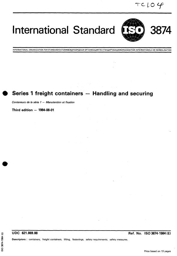 ISO 3874:1984 - Series 1 freight containers -- Handling and securing