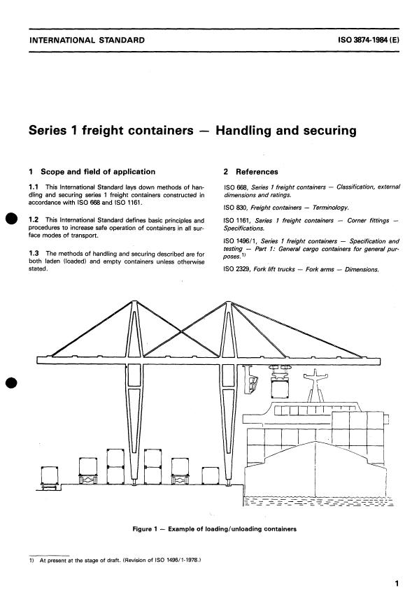 ISO 3874:1984 - Series 1 freight containers -- Handling and securing