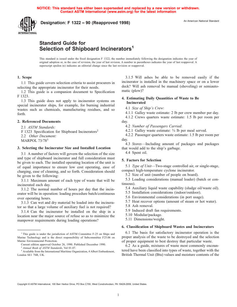 ASTM F1322-90(1998) - Standard Guide for Selection of Shipboard Incinerators