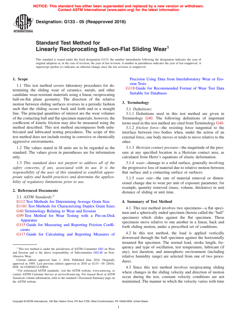 ASTM G133-05(2016) - Standard Test Method for  Linearly Reciprocating Ball-on-Flat Sliding Wear