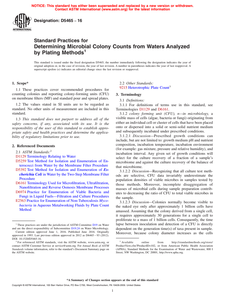 ASTM D5465-16 - Standard Practices for  Determining Microbial Colony Counts from Waters Analyzed by  Plating Methods