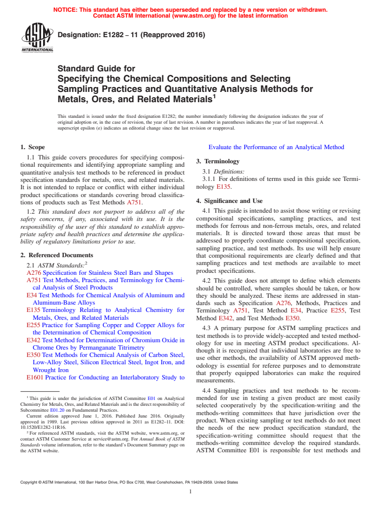 ASTM E1282-11(2016) - Standard Guide for  Specifying the Chemical Compositions and Selecting Sampling  Practices and Quantitative Analysis Methods for Metals, Ores, and  Related Materials