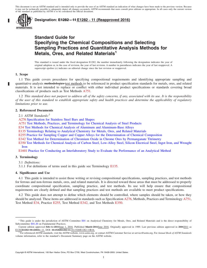 REDLINE ASTM E1282-11(2016) - Standard Guide for  Specifying the Chemical Compositions and Selecting Sampling  Practices and Quantitative Analysis Methods for Metals, Ores, and  Related Materials